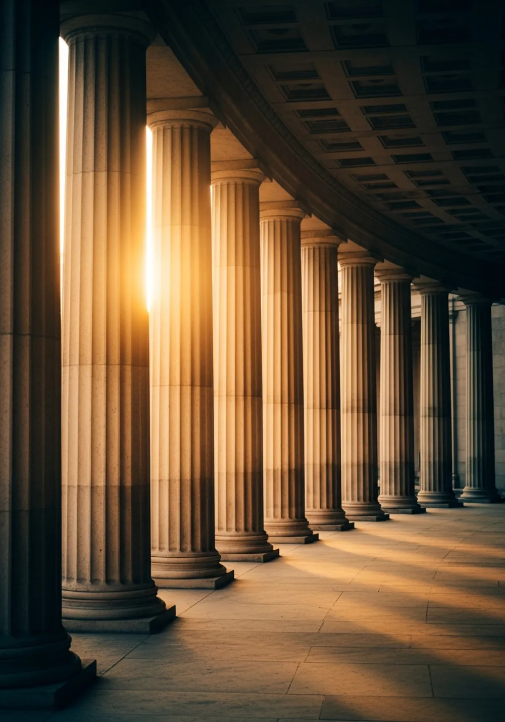 A curving classical colonnade turning toward warm light