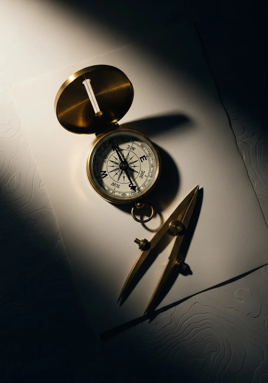 A brass compass and dividers resting on layered topographic charts